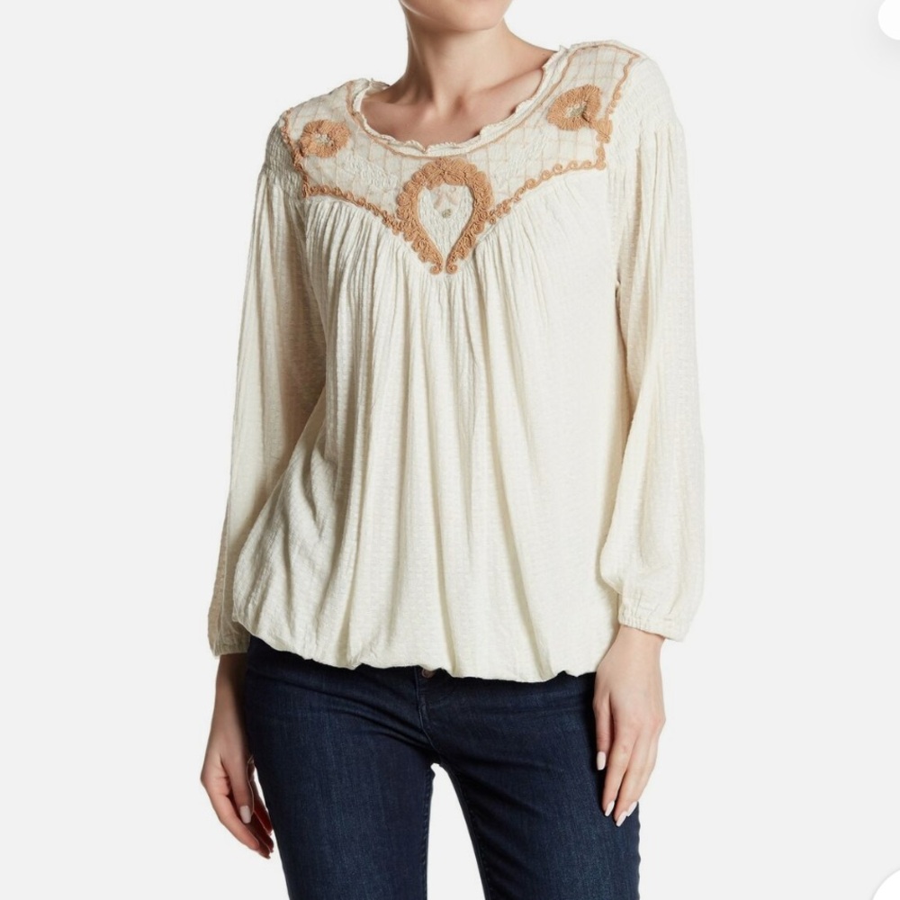 Free People Begonia Ivy Sand Embroidered Top